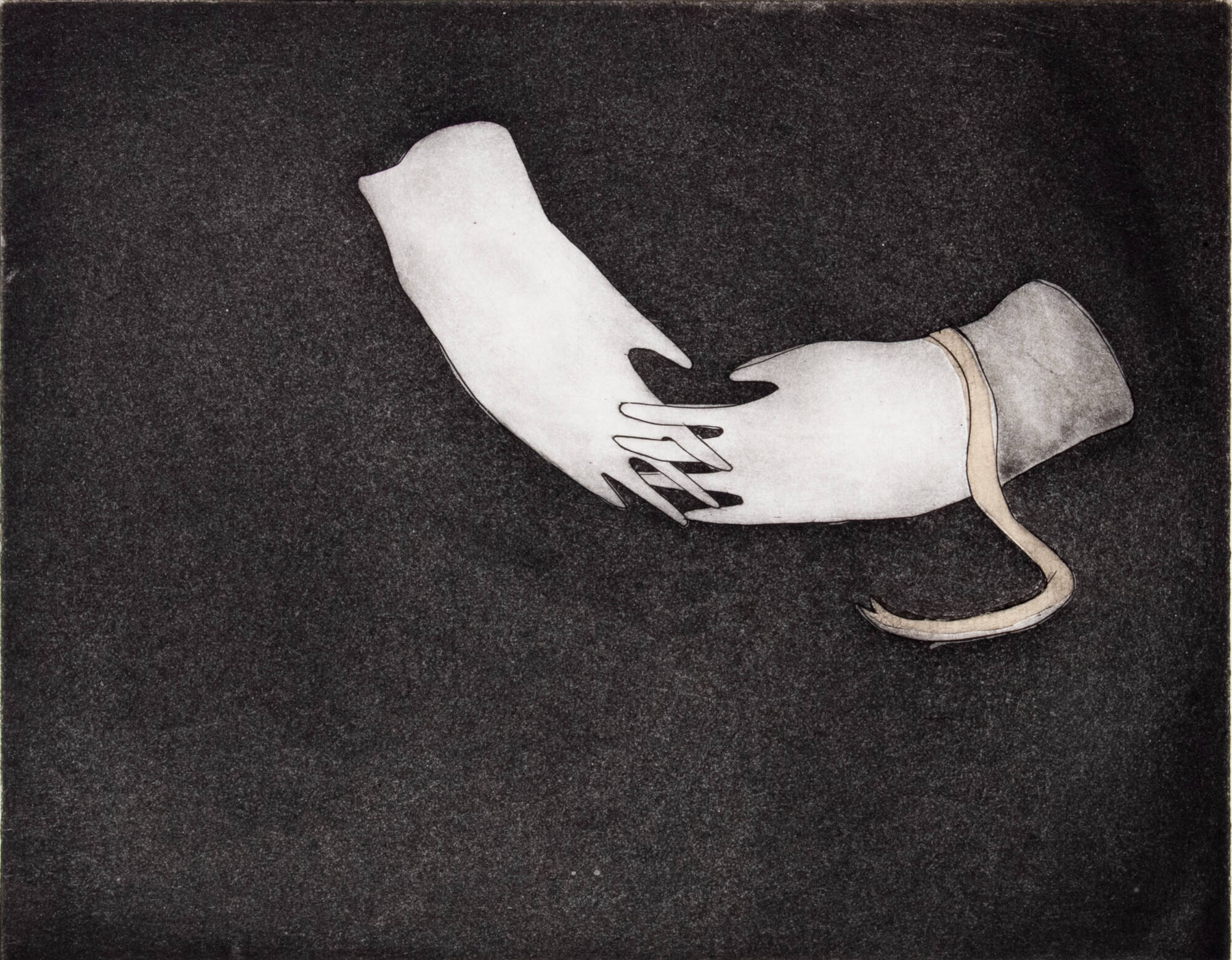 Black and white print of clasped hands. One hand has a piece of string.